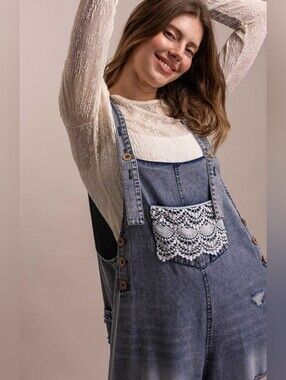 #1766 Blue Velvet Vintage Lace Ruffle Denim Overalls